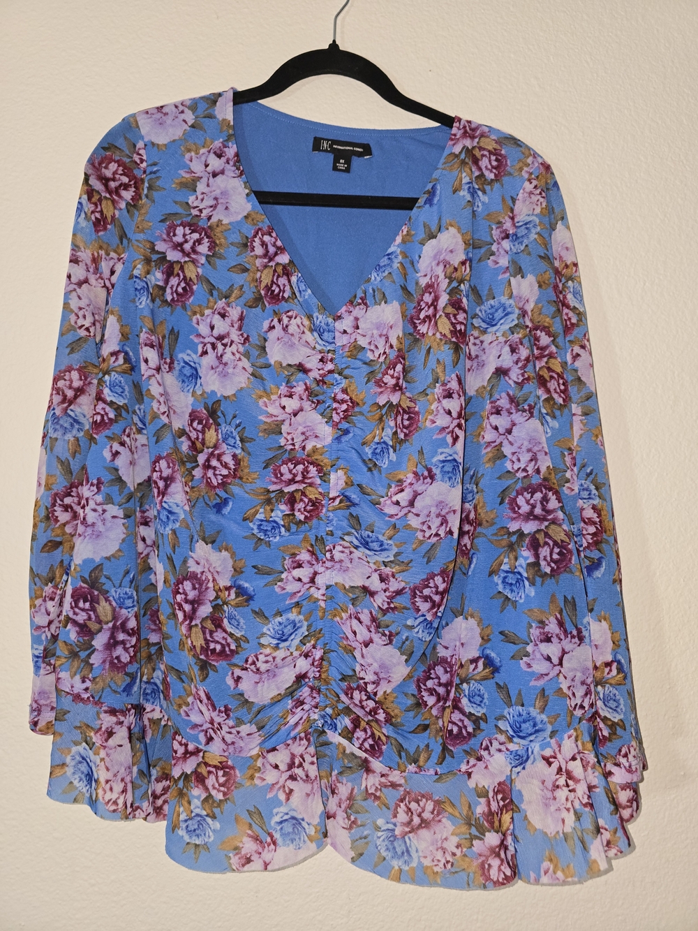 INC International Concepts Blue Floral V-Neck Peplum Blouse